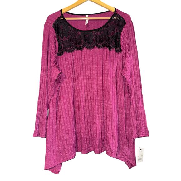 NWT Ny Collection Women's Ripped Top 3X Asymmetrical Lace Purple Fairy Work - Picture 1 of 6